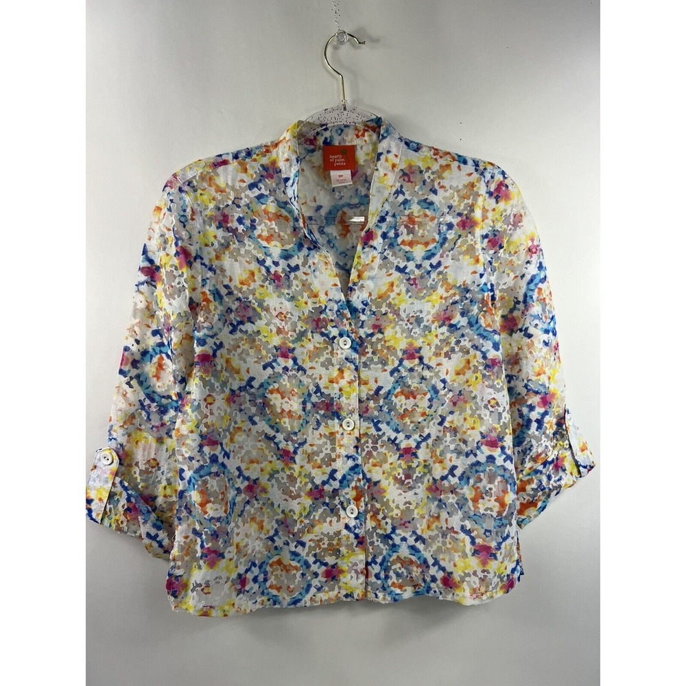 Hearts of Palm Petite Women's Sz 8P Multi Print Sheer Slits 3/4 Roll Tab Sleeve